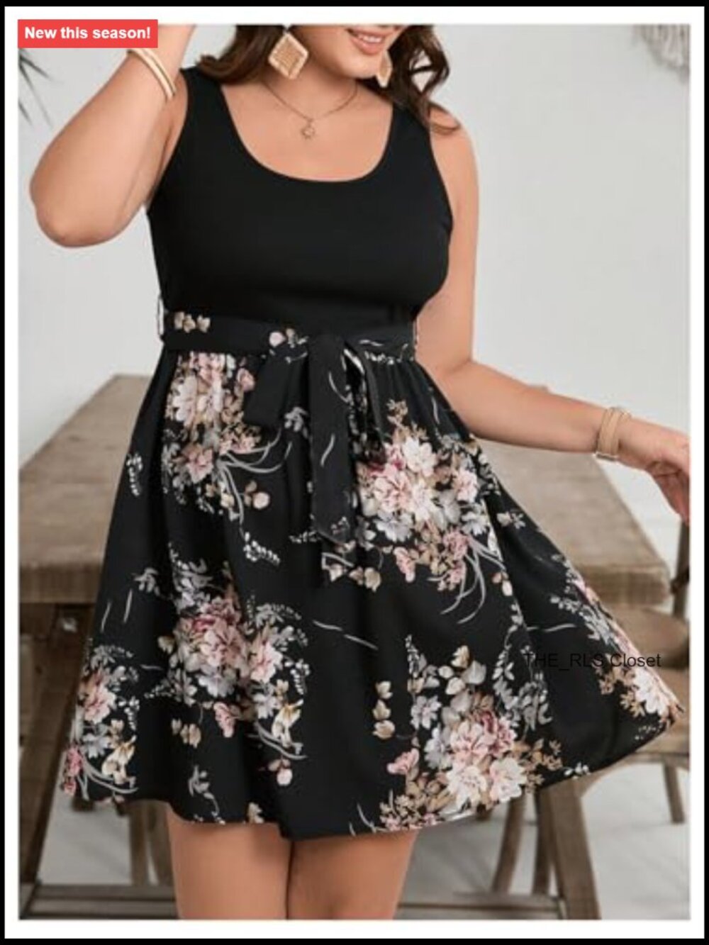 Polyester Floral Tank Dress Sleeveless Square Neck A Line Belted - Picture 3 of 5
